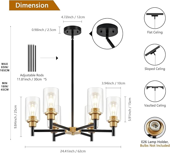 6-Light Modern Chandeliers, Black and Gold Chandelier Light Fixture with Clear Glass Shades, Hanging Pendant Lighting for Dining Room, Living Room, Kitchen, Staircase, Entryway