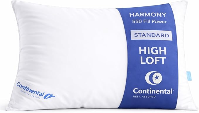 Continental Bedding Harmony White Goose Down Pillow 550 Fill Power Firm Loft 100% Cotton 300 Thread Count Shell Standard Size 1 Pack Made in USA