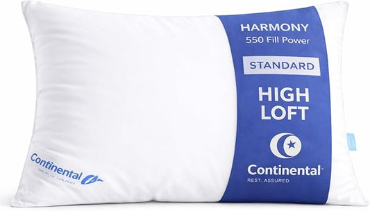Continental Bedding Harmony White Goose Down Pillow 550 Fill Power Firm Loft 100% Cotton 300 Thread Count Shell Standard Size 1 Pack Made in USA