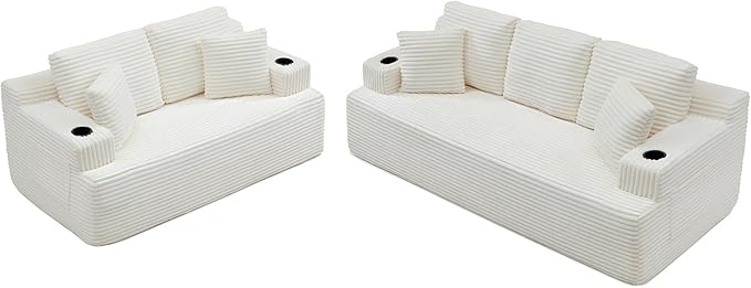 Floor Loveseat Boneless Sofa Couch in a Box with Cup Holder and Side Pockets, Corduroy Upholstered 2 Seater Cloud Foam Sofa with Deep Seating for Living Room, No Assembly | Breathable material, Cupholders