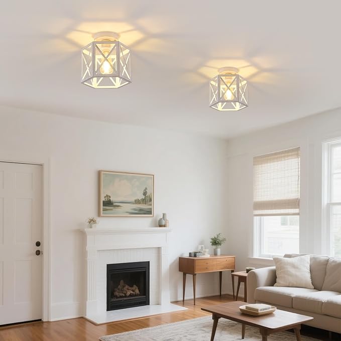 2 Pack White Semi Flush Mount Ceiling Light, Modern Hallway Light Fixture, Vintage Metal Hexagonal Ceiling Lamp for Kitchen Entryway Porch
