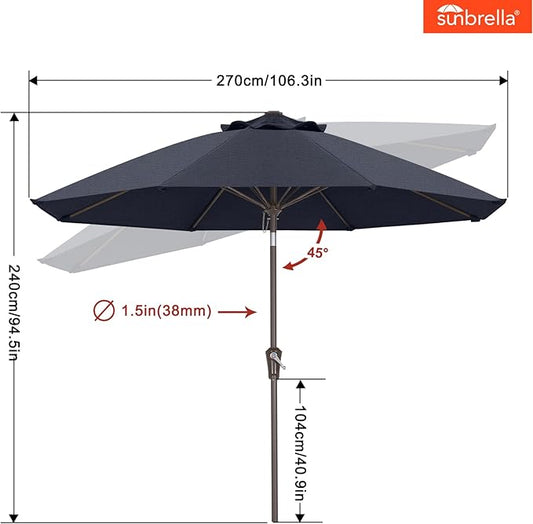 ABCCANOPY 10-Year No Fading 9FT Patio Umbrella, Acrylic Outdoor Table Umbrella with 8 Sturdy Ribs for Deck, Backyard, Garden, Yard (Navy Blue)