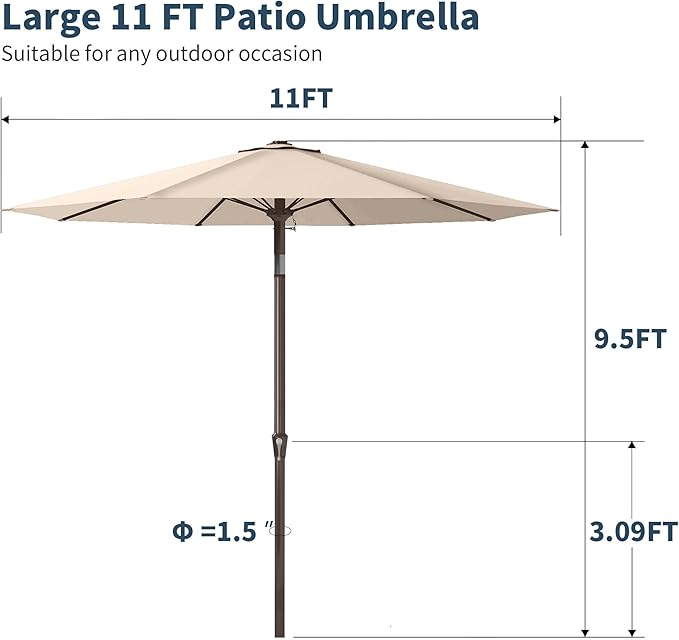 PatioKingdom 11FT Patio Umbrella,Outdoor Umbrella with Push Button Tilt and Crank,Market Table Umbrella with 8 Sturdy Fiberglass Ribs UV Protection