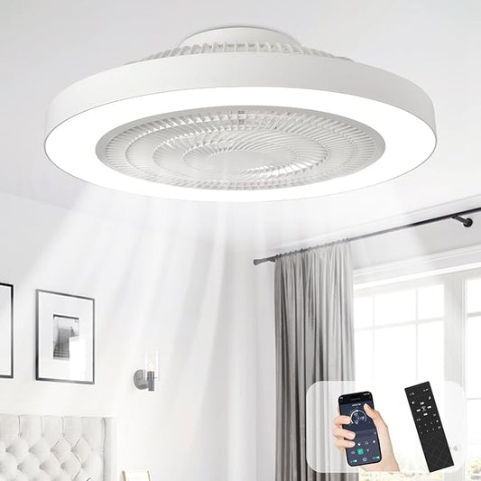 Depuley Modern Ceiling Fan with Light: 19" Bladeless Flush Mount Low Profile LED Ceiling Fans with Remote & Smart APP Control - White Enclosed Fandelier Dimmable Quiet DC Motor for Bedroom Kids Room