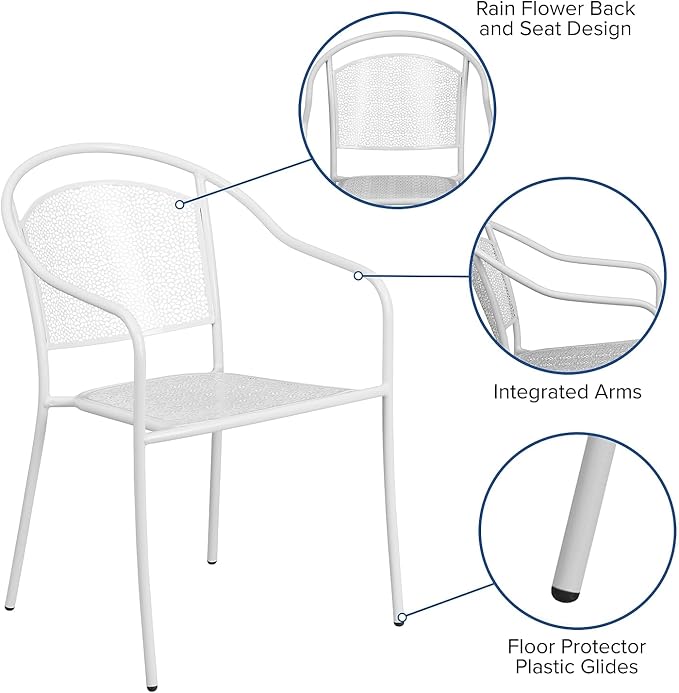 Flash Furniture Commercial Grade White Indoor-Outdoor Steel Patio Arm Chair with Round Back