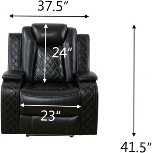 Breathing Leather Power Reclining Chair, Leather Reclining Sofa Couch Chair for Living Room, Single Recliner with USB Ports/LED Lighting for Bedroom/Office/Home Theater (Black, Recliner Chair)