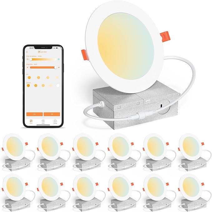 Smart Recessed Lighting 6 Inch Canless LED Recessed Ceiling Light with Junction Box work with Alexa, 2700K~6000K 5CCT Selectable,16W 1350LM High Brightness Wafer Downlight Dimming by Bluetooth-12Pack