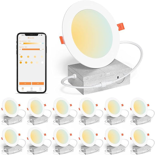 Smart Recessed Lighting 6 Inch Canless LED Recessed Ceiling Light with Junction Box work with Alexa, 2700K~6000K 5CCT Selectable,16W 1350LM High Brightness Wafer Downlight Dimming by Bluetooth-12Pack