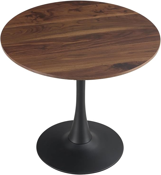 31.2" Round Tulip Dining Table for 2-4 People with Walnut Top and Black Metal Pedestal Base, Mid-Century Modern Small Space Table for Kitchen, Living Room, Cafe