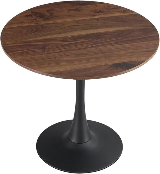 31.2" Round Tulip Dining Table for 2-4 People with Walnut Top and Black Metal Pedestal Base, Mid-Century Modern Small Space Table for Kitchen, Living Room, Cafe