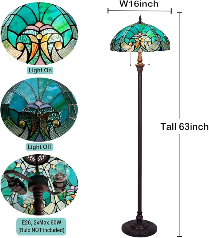 Tiffany Floor Lamp,Stained Glass Lamp Shade,Vintage Antique Style Standing Double Light for Living Room & Bedroom