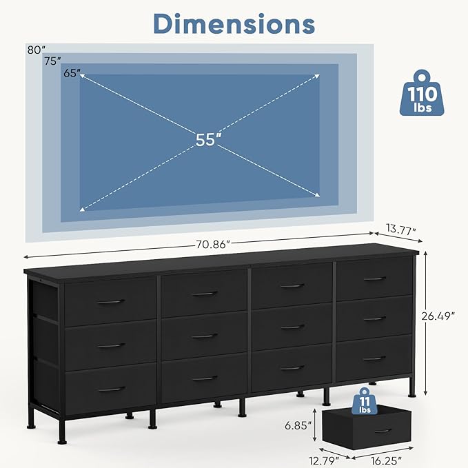 DUMOS TV Stand for Bedroom with Storage TV Stands for Living Room Black, 12 Drawer Dresser Farmhouse Entertainment Center for up to 80 Inch TVs, Media Console Table with Metal Frame Adjustable Feet