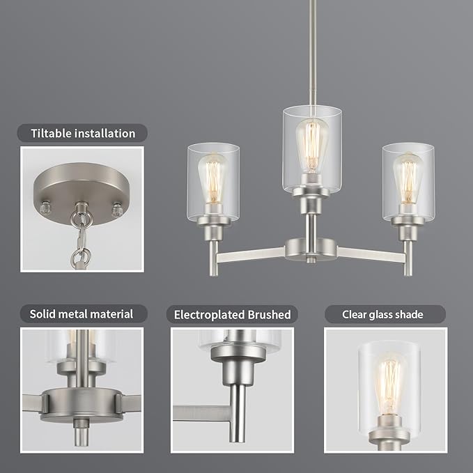 3 Lights Brushed Nickel Chandeliers for Dining Room Light Fixture Over Table, Entryway Chandelier for Foyer, Hallway Lighting Fixtures with Glass Shade for Kitchen Island Foyer Hallway