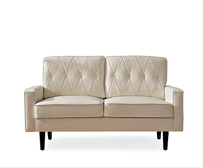 Container Furniture Direct Modern Style Faux Leather Loveseat with Elegant Round Tapered Legs and Button Tufted Backrest Perfect for Living Room, Bedroom or Home Office, 57.5’’ Wide, White