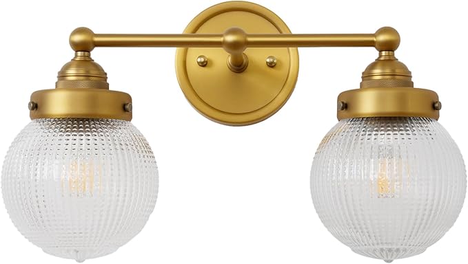 Vintage Double Arm Brass Wall Sconce Lighting, Clear Ribbed Glass 2-Lights Bathroom Vanity Light Fixture for Dining Room Bedroom Living Room Corridor