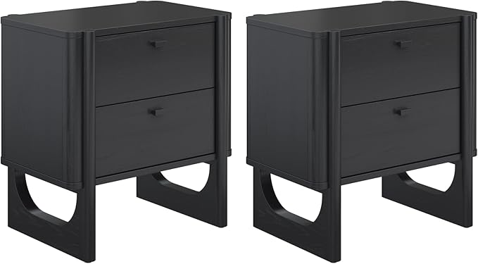 Nathan James Solace Mid Century Modern 2 Drawer Nightstand with Solid Wood Frame and Rounded Details, Black Set of 2