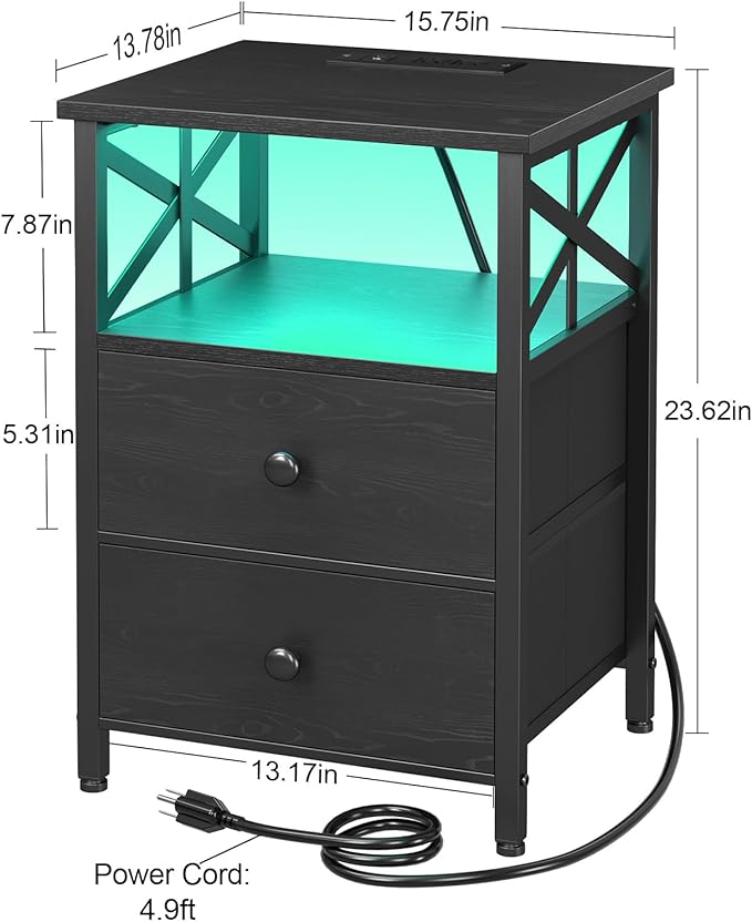 AMHANCIBLE Night Stand Set of 2 with Charging Station and LED Lights, Large 2-Drawer Bedside Tables with USB Ports and AC Outlets, Modern Nightstand for Bedroom, Black, HET052LBK