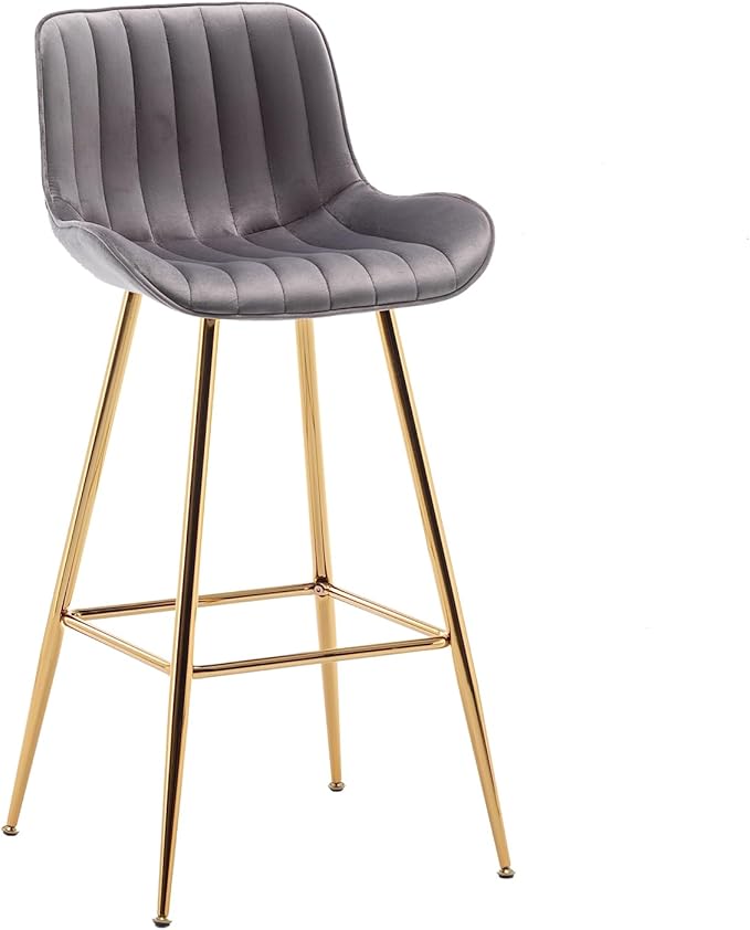 Sidanli Gold Bar Stools Set of 2, 29” Velvet Barstools, Kitchen Chairs for Bar Height with Back and Footrest, Gray