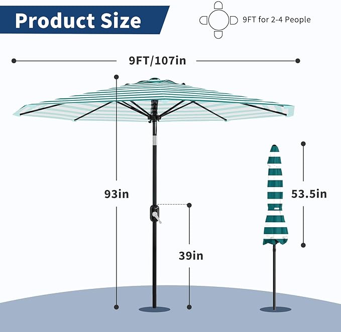 Garvee 9FT Patio Umbrella - Outdoor Table Umbrella with Crank Lift & Push Button Tilt - Market Umbrella 8 Sturdy Ribs UV Protection for Pool, Deck, Yard, Garden