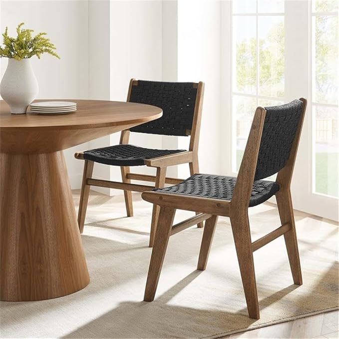 Modway Saoirse Woven Rope Wood Dining Side Chair in Walnutt Black