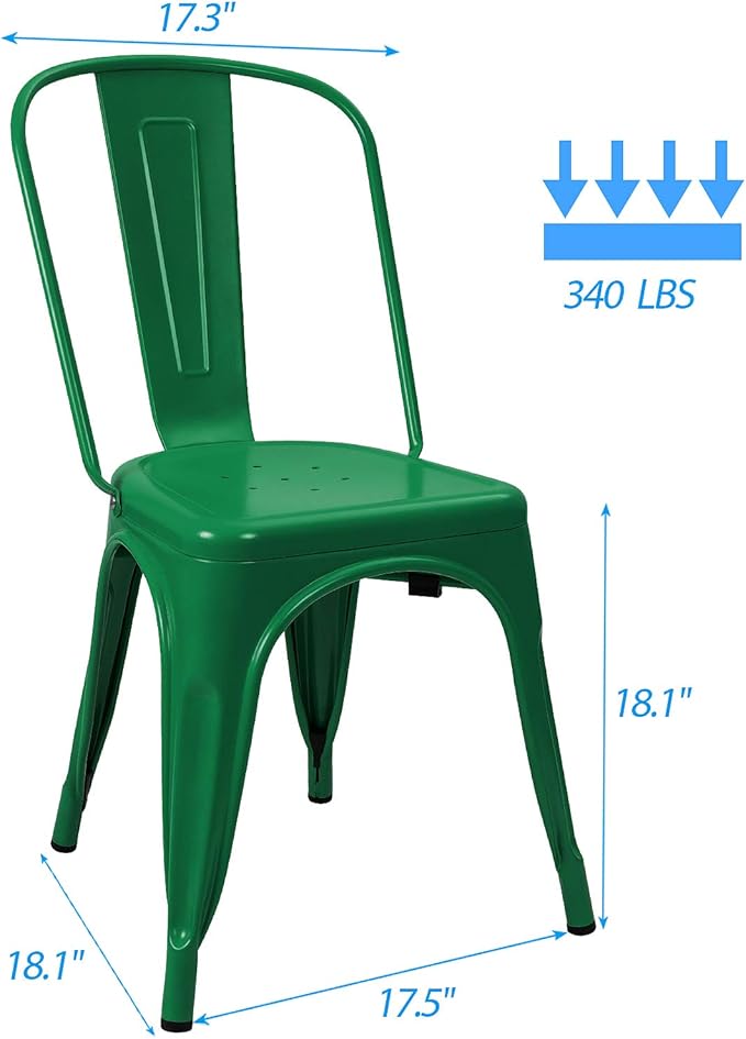 Devoko Metal Indoor-Outdoor Chairs - Distressed Style Kitchen Dining Set of 4 Stackable Side Chairs with Back (Green)