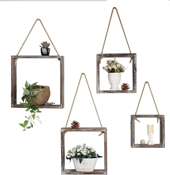 J JACKCUBE DESIGN Wall Decor Floating Hanging Square Shelves Wall Mounted Rustic Wood Cube Display Shelf Shadow Boxes Decorative Boho Home Décor for Living Room, Bedroom, Office, Set of 4 - MK571A