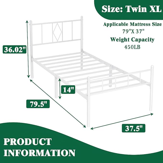 14 Inch Twin XL Size Bed Frames with Headboard/Footboard, Under Bed Storage, Strong Metal Slats Support, No Box Spring Needed, Noise Free, Easy Assembly, White