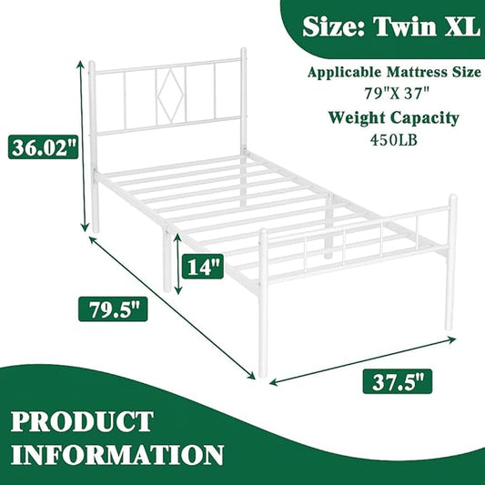 14 Inch Twin XL Size Bed Frames with Headboard/Footboard, Under Bed Storage, Strong Metal Slats Support, No Box Spring Needed, Noise Free, Easy Assembly, White