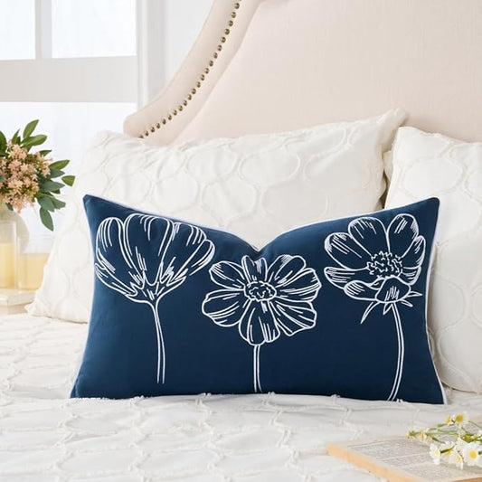 Sunkifover Decorative Floral Lumbar Pillow Cover 12x20 Inch Blue and White Cotton Embroidery Flower Throw Pillowcase Cushion Cover for Bed Bedroom, Living Room, Sofa