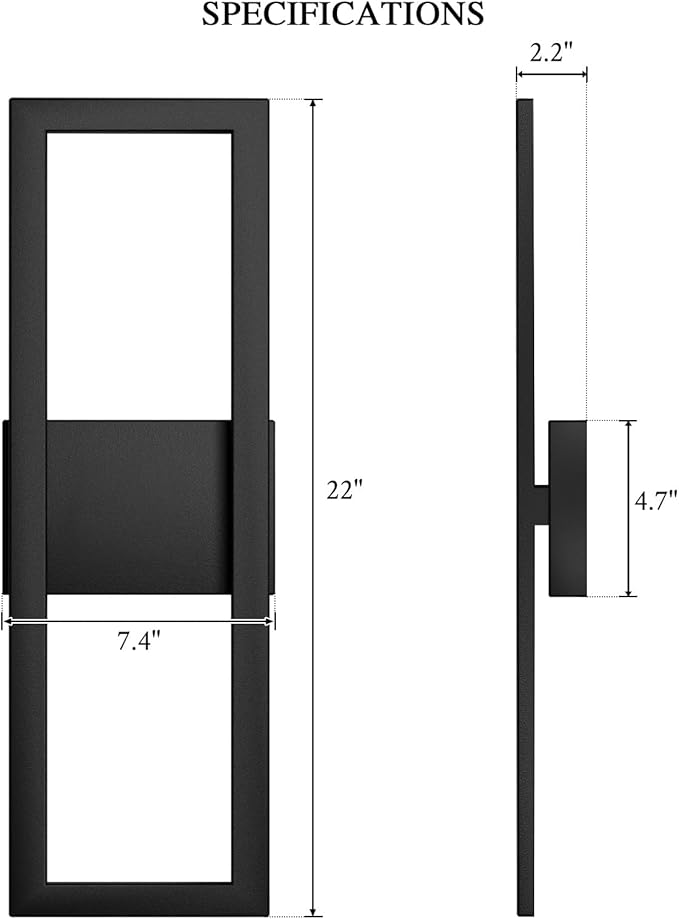 LamQee 22" Modern Outdoor Wall Lights 2 Packs, 3000K 1450LM LED Large Exterior Lighting Fixtures with Rectangle Frame, Matte Black Linear Outside Sconce Wall Mount for House Porch Patio Garage Door