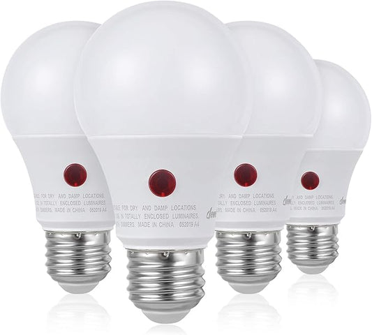 DEWENWILS 4 Pack A19 Dusk to Dawn LED Light Bulbs Outdoor, 9W (60W Equivalent) LED Light Bulb 2700K Warm White, Automatic On/Off Light Bulbs for Porch Courtyard, 800 LM, E26 Base, UL Listed