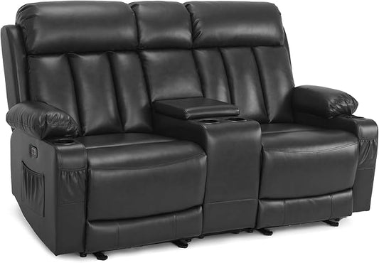 MCombo Loveseat Recliner with Console, Heat and Massage, Power Reclining Sofa for Living Room, Faux Leather 6095 (Black, Loveseat Recliner with Console)