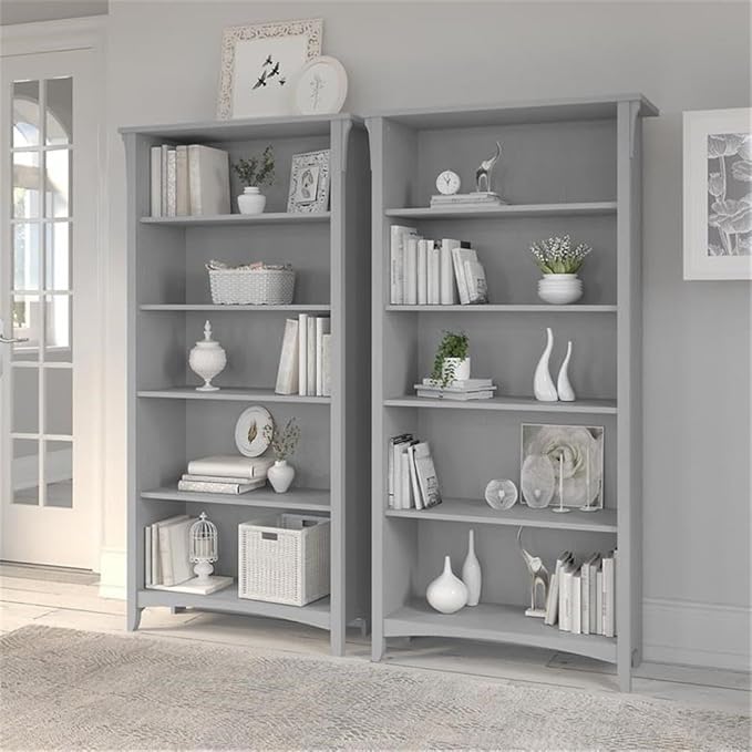 Bush Home Salinas Tall 5 Shelf Bookcase - Set of 2 in Cape Cod Gray, Vertical Office Storage, Bookshelves for Home Workspace, Multi-Purpose Shelving Units