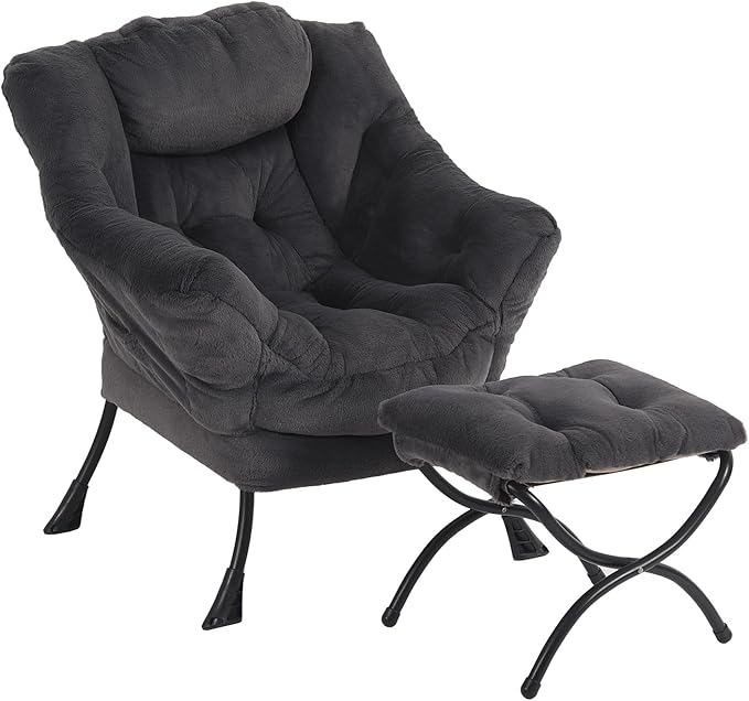 Lazy Chair with Ottoman, Modern Chair with Folding Footrest, Plush Navy Accent Chair, Comfortable Reading Chair, Oversized Armchairs for Bedroom, Study, Living Room, Courtyard