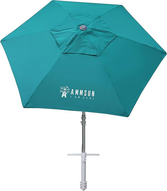 AMMSUN 8ft Large Beach Umbrellas for Sand Heavy Huty Wind Portable Commercial Grade Patio Beach Umbrella with Sand Anchor Adjustable Height Air Vent UPF 50+ Telescoping Pole without tilt Teal