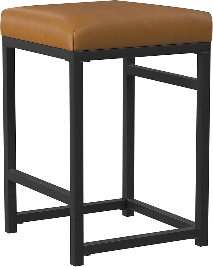 Homepop Home Decor | Modern 24-Inch Counter Stool | Backless Metal Frame Bar Stools Counter Height | Decorative Home Furniture, Carmel Faux Leather