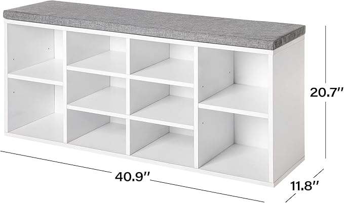 PayLessHere Shoe Bench Storage Bench Entryway Bench Shoe Storage Organizer, 11.8 x 40.9 x 20.7 Inches, with Cushion and 10 Adjustable Compartments for Living Room Entryway Hallway Bedroom
