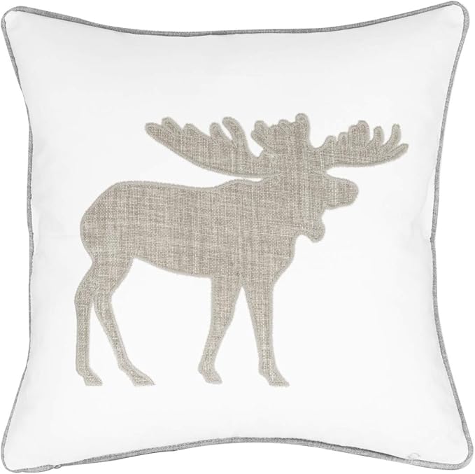Animal Cotton Throw Pillow Covers Moose Pattren Embroidered 18x18 Inches for Couch Cushions Covers (White)