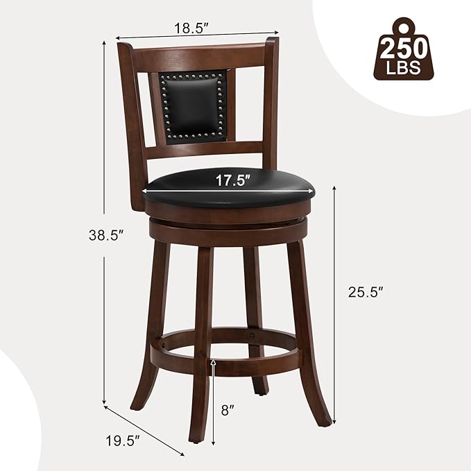 GOFLAME 25.5” Upholstered Bar Stools Set of 2, Swivel Counter Height Barstools with Curved Backrest & Footrest, Solid Rubber Wood Bar Stools for Kitchen Island, Bar Counter, Cafe, Dining Room