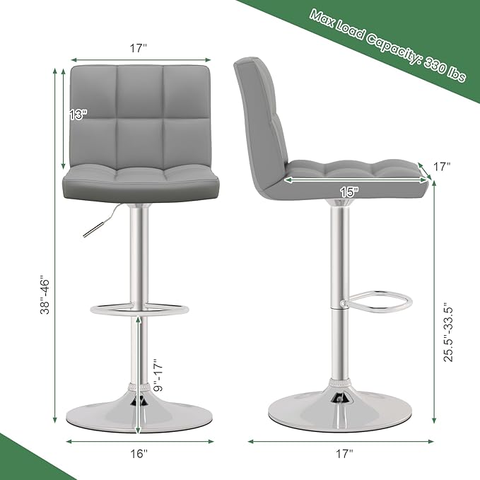 COSTWAY Adjustable Bar Stools Set of 4, Modern Swivel PU Leather Bar Chair with Backrest, Soft Cushioned Seat, Footrest, Sturdy Metal Frame, Comfortable Barstools for Kitchen Island, Pub, Grey