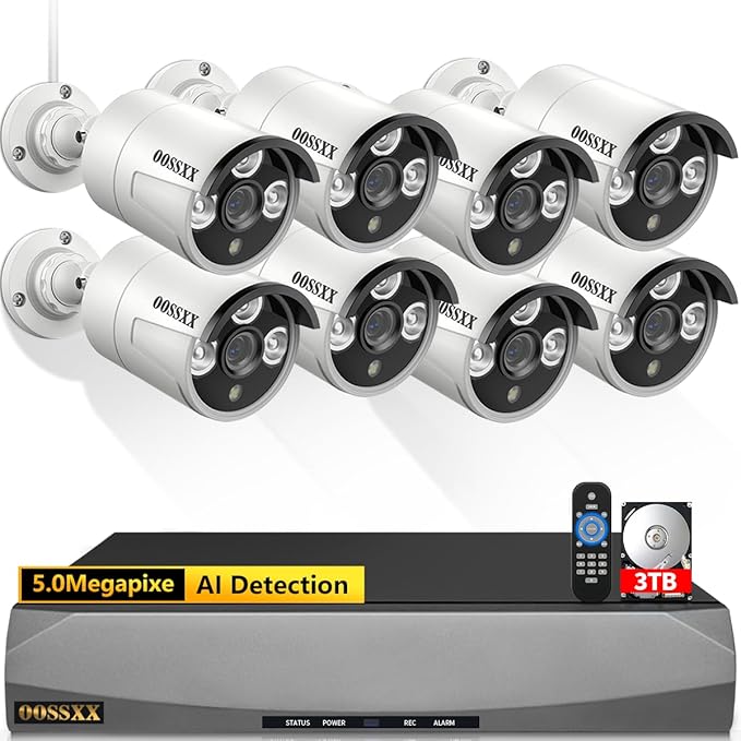 OOSSXX 4K 130° Ultra Wide-Angle 2-Way Audio 8MP Wired Dome PoE IP Cameras for Home Security Outdoor Camera System DVR Kits, Smart PIR Detection,DVR Kits (8Cams-3TB)