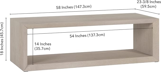 Henn&Hart 58" Rectangular Coffee Table with Open Storage Shelf for Living Room, Family Room, or Office, Beech White