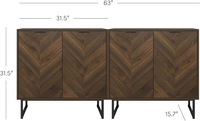 Nathan James Enloe Modern Sideboard Buffet Storage Accent Cabinet TV Stand with Doors in Rustic Walnut Finish and Black Matte Metal Base for Hallway, Kitchen or Living Room, Walnut/Black, Set of 2
