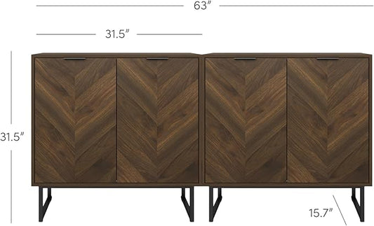 Nathan James Enloe Modern Sideboard Buffet Storage Accent Cabinet TV Stand with Doors in Rustic Walnut Finish and Black Matte Metal Base for Hallway, Kitchen or Living Room, Walnut/Black, Set of 2