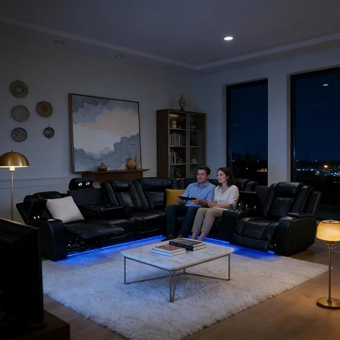 Power Reclining Sofa Set with LED Light, Living Room Furiture Set,Leather Reclining Sectional Couch with USB Port/Cup Holder for Living Room Home Office