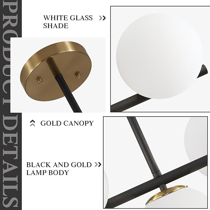 KCO Lighting Black and Brass Linear Pendant Light Mid Century Modern Sputnik Chandelier 7 Lights Milk Glass Globe Kitchen Island Pendant Lighting for Dining Room Living Room