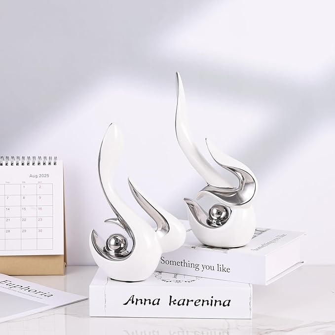 2PCS Abstract Ceramic Sculptures for Modern Decor, Sculptures Home Decor Accent,Abstract Art Figurines for Living Room Decorative Objects,Tabletop Centerpiece for Entryway,Shelf,TV Stand(White Silver)