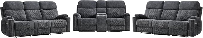 HAOMARKETS 3-Piece Power Recliner Sofa Set with Charging Port, Include 2-Seater Loveseat Reclining Couch with Hidden Storage and Cup Holders and 2 3-Seater Recliner Couches for Living Room, Dark Grey