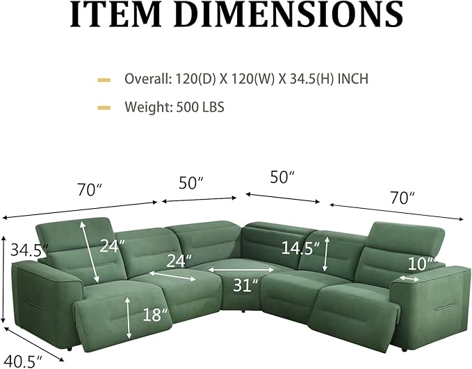 Power Recliner Sectional Sofa, L-Shaped Living Room Furniture Set, Flannel Sectional Sofa, Reclining Sectional Couch for Living Room/House/Apt (Green, 5 Seater)