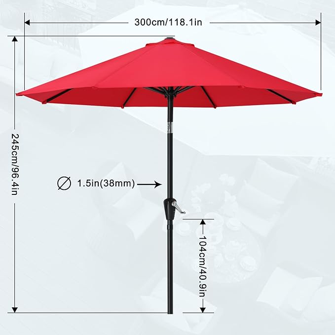 MASTERCANOPY 10FT Patio Umbrella with Push Button Tilt and Crank, Outdoor Market Umbrella with 8 Sturdy Ribs, UV Protection & Waterproof for Garden, Deck, Backyard, Pool (Red)